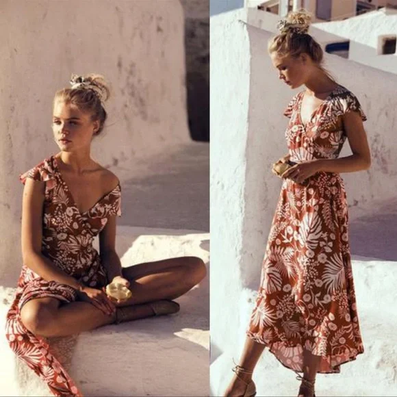 Arnhem Orange and White Tropical Floral Midi wrap Dress - Picture 2 of 9